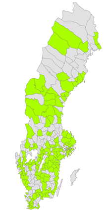 Karta över Sveriges kommuner där 162 ytor är grönmarkerade.