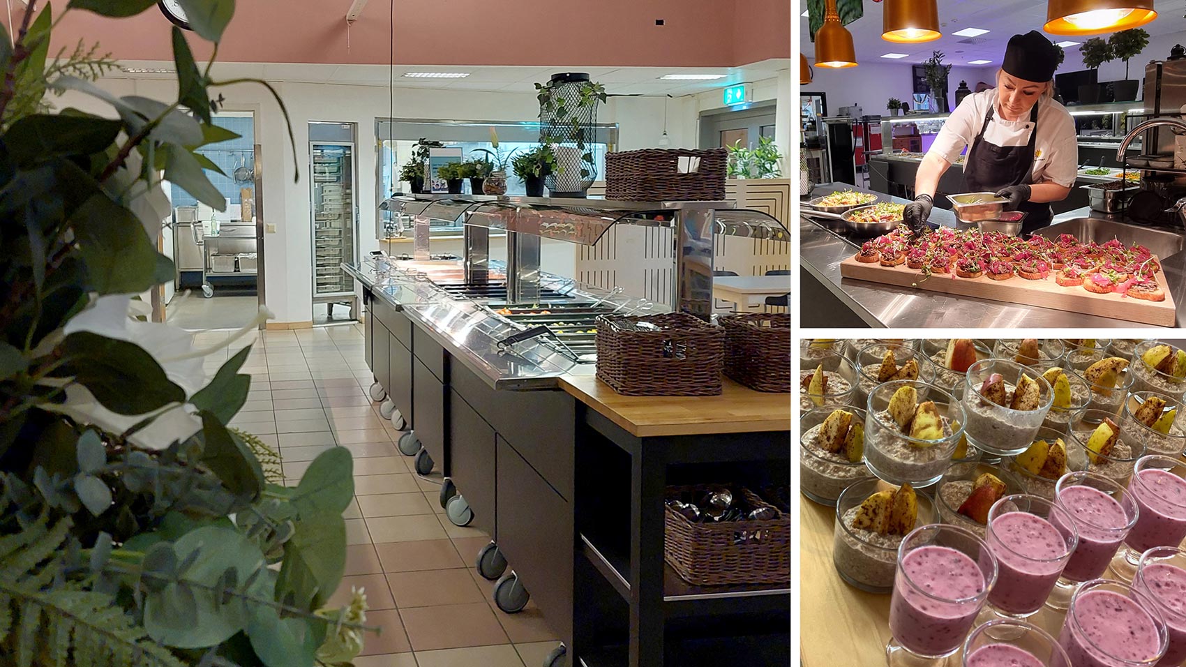 Kollage med bilder på serveringslinje, kock och smoothies