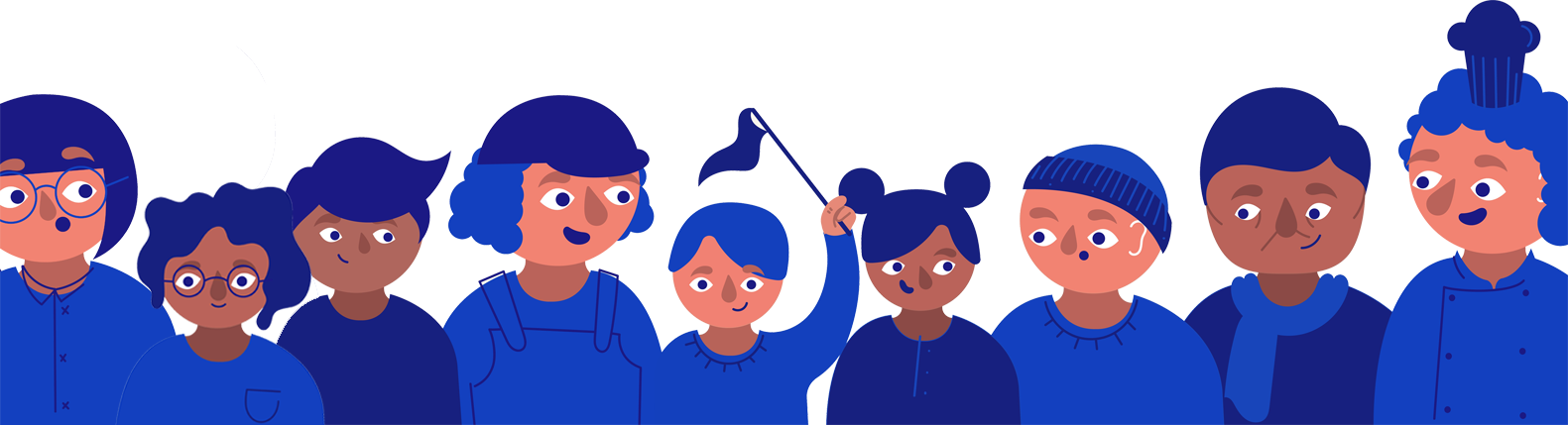 Illustration för Ett nytt recept för skolmåltider, med bland annat elev, lantbrukare, lärare och kock