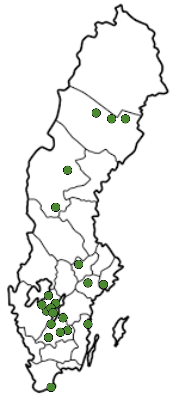 Sverigekarta med markeringar där det finns hubbar.