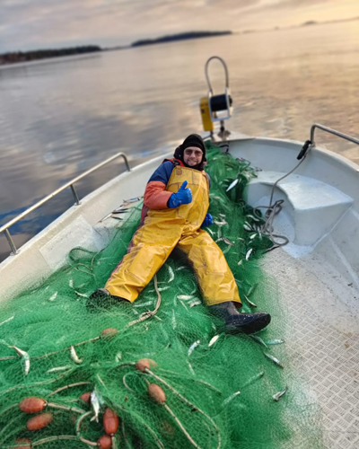Dennis i fiskebåt liggandes ovanpå grönt fiskenät med fångad nors.