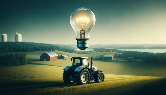 En illustration över ett jordbrukslandskap med en traktor i förgrunden och en glödlampa som svävar över bilden, som symbol för idé