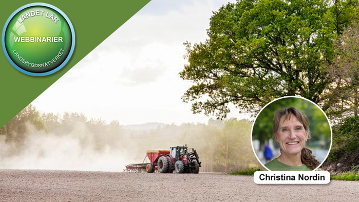 Christina Nordin, generaldirektör för Jordbruksverket. I bakgrunden syns en traktor på en åker. I vänstra hörnet syns Landet lärs logga.