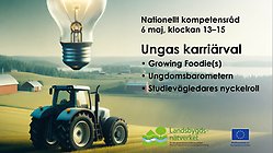 Traktor i ett landskap (illustration) med inlagd text med webbinariets titel och datum och tid