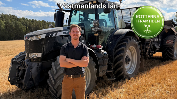 Linus Olsson, 23, vid sin traktor på åkern