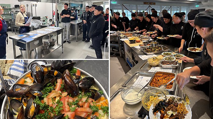 Bilder som visar personer som lagar mat samt en närbild på en gryta med tillagade musslor.