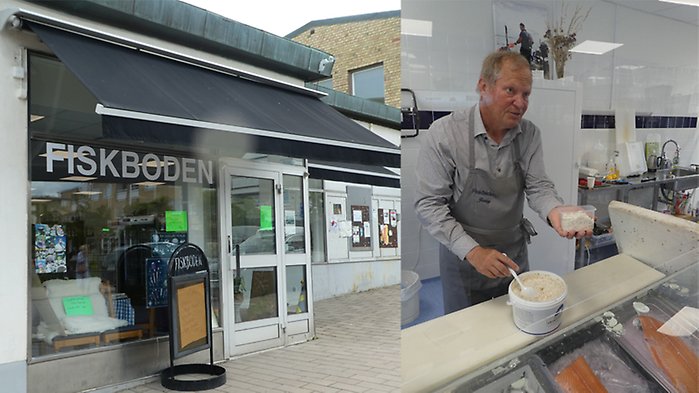 Exteriör bild på affären, samt bild där Jonny står bakom disken.