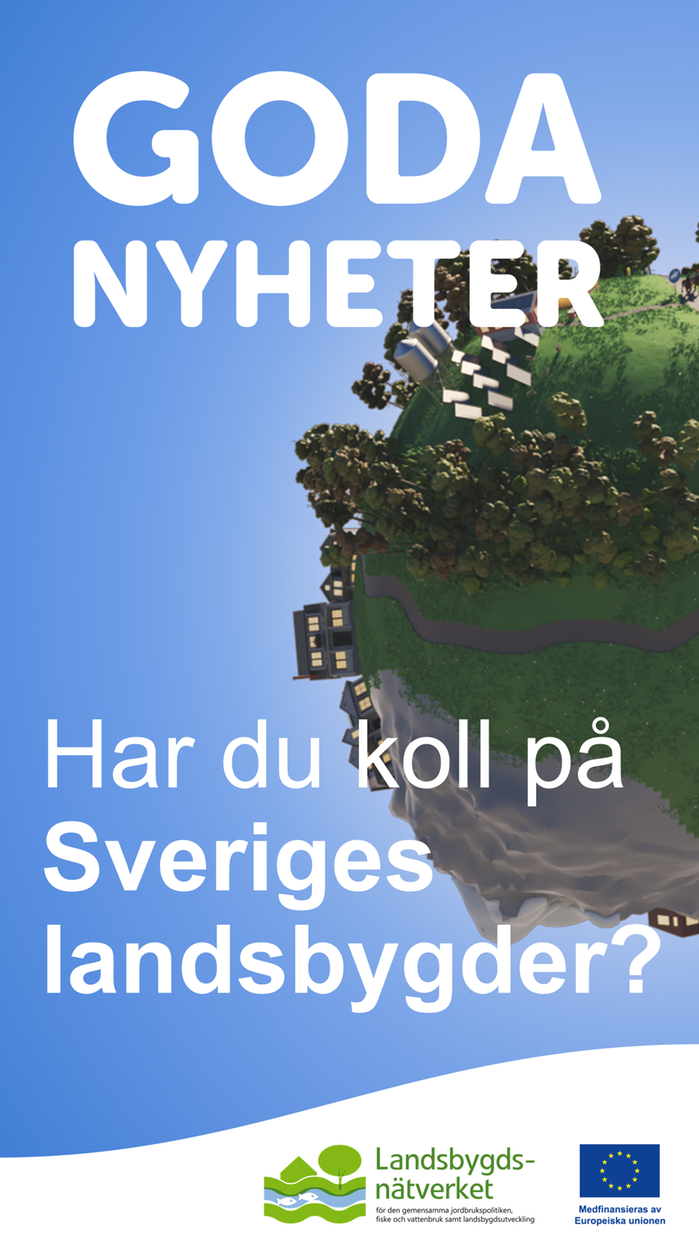 Klot med olika miljöer mot en blå bakgrund. Texten i bilden lyder: Goda nyheter. Har du koll på Sveriges landsbygder?