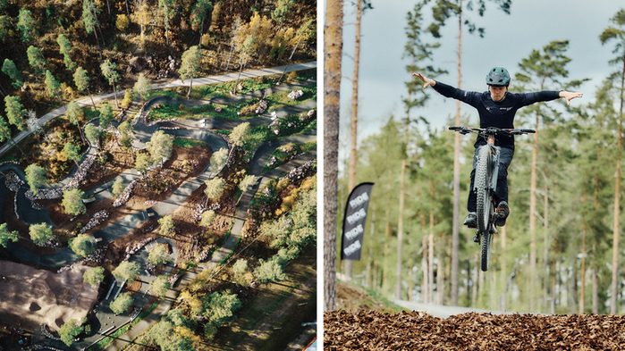 Manlig cyklist som hoppar utan att hålla i händerna. Banan sett ovanifrån.