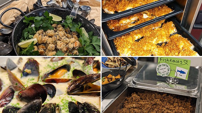 Fyra bilder på olika maträtter.