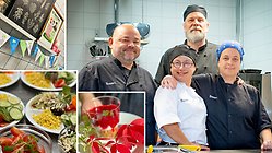 Fotomontage, porträttbild 4 personer i ett kök och tre infällda foton som visar dekorationer i en matsal samt mat.